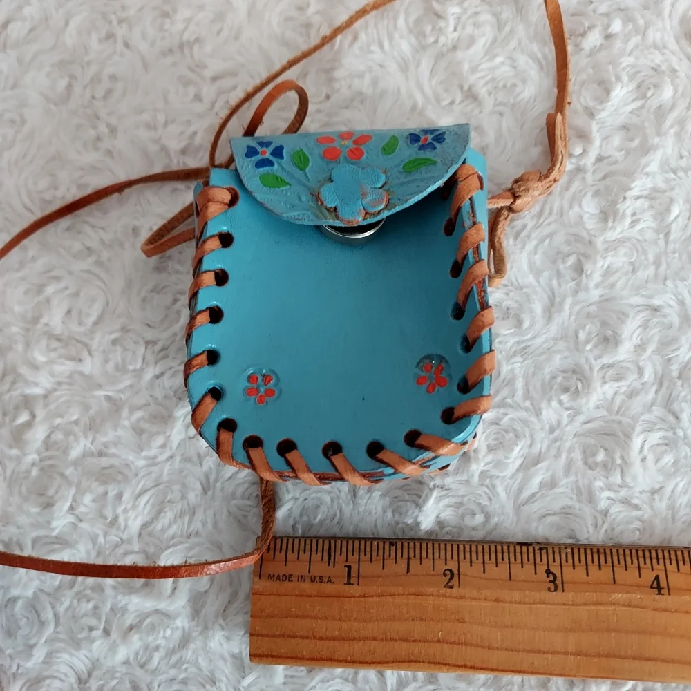 Little leather Hand Crafted floral turquiose blue bag pouch - Picture 4 of 5